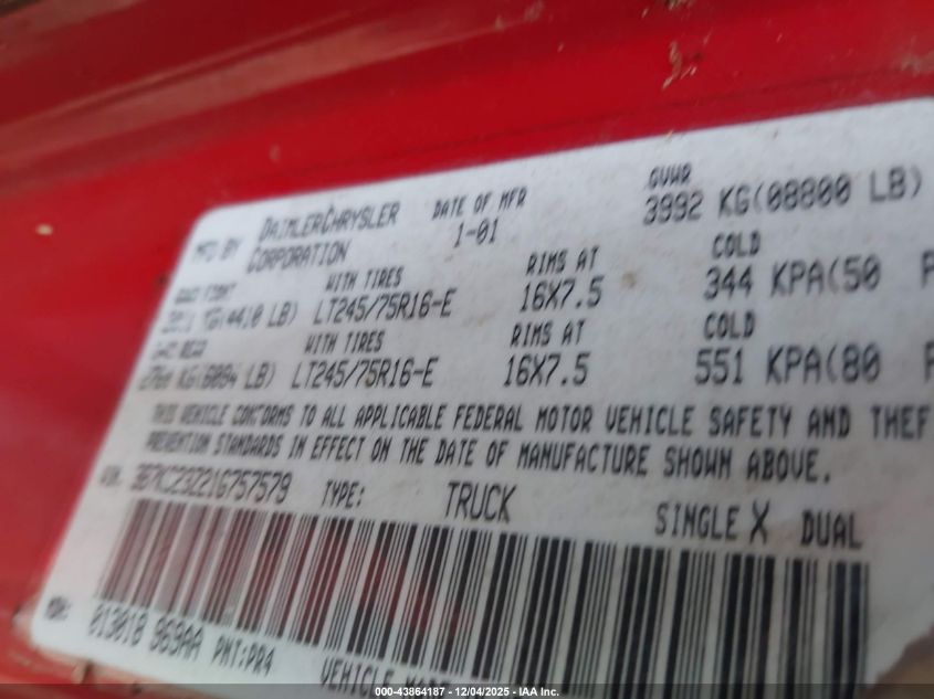 2001 Dodge Ram 2500 St VIN: 3B7KC23Z21G757579 Lot: 43864187