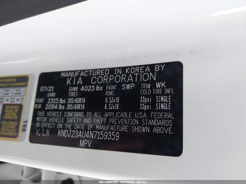 2022 Kia Soul Lx VIN: KNDJ23AU4N7159359 Lot: 43864189