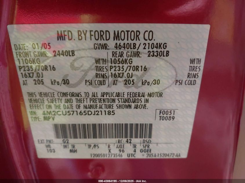 2005 Mercury Mariner Luxury/Premier VIN: 4M2CU57165DJ21185 Lot: 43864195