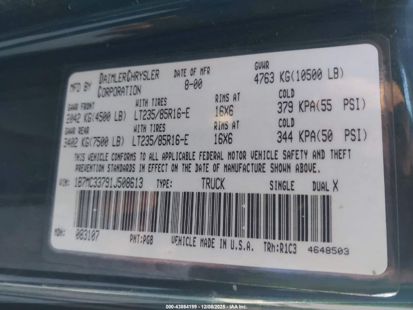 2001 Dodge Ram 3500 St VIN: 1B7MC33791J508613 Lot: 43864199