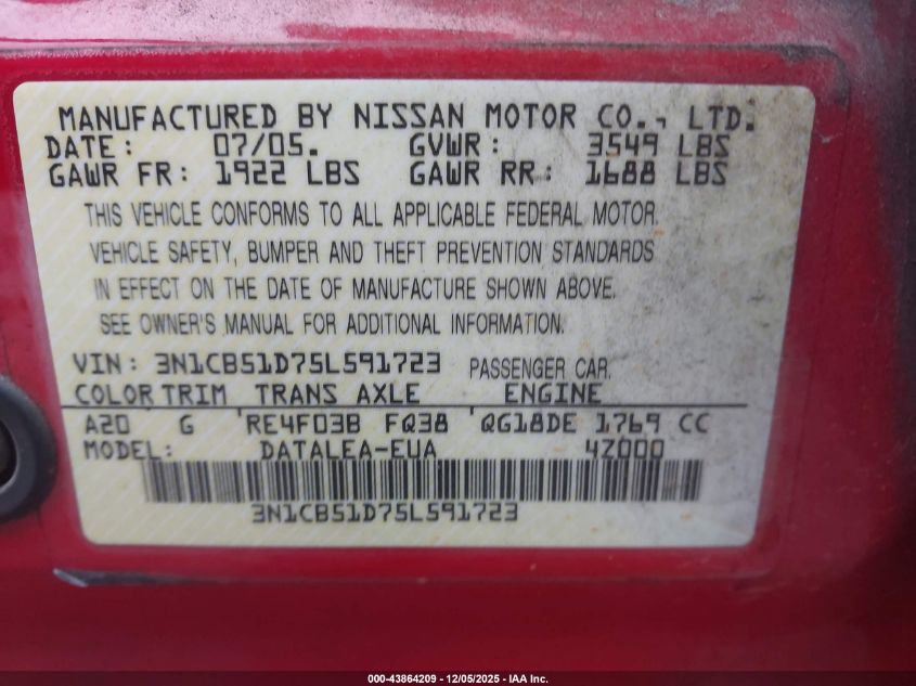 2005 Nissan Sentra 1.8S VIN: 3N1CB51D75L591723 Lot: 43864209