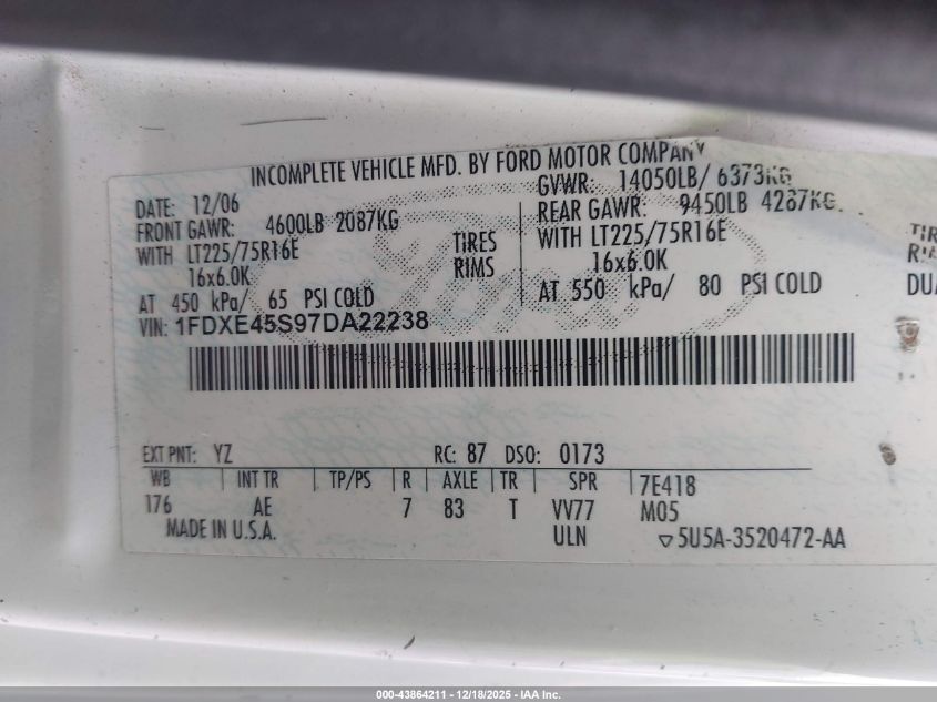 2007 Ford E-450 Cutaway VIN: 1FDXE45S97DA22238 Lot: 43864211
