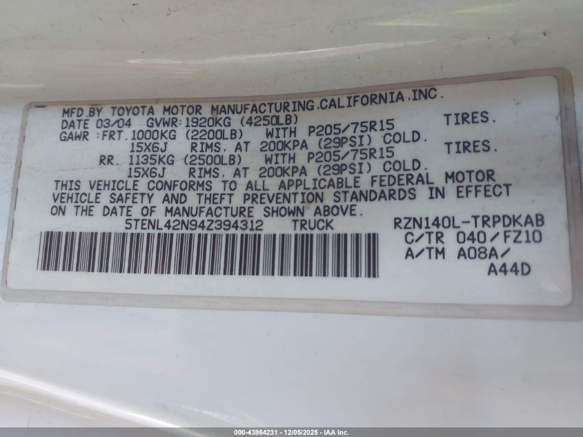 2004 Toyota Tacoma VIN: 5TENL42N94Z394312 Lot: 43864231
