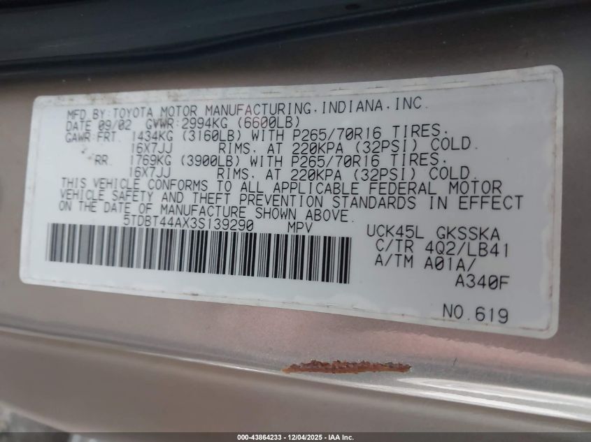 2003 Toyota Sequoia Sr5 V8 VIN: 5TDBT44AX3S139290 Lot: 43864233