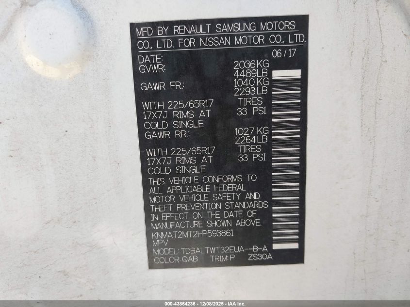 2017 Nissan Rogue Sv VIN: KNMAT2MT2HP593861 Lot: 43864236