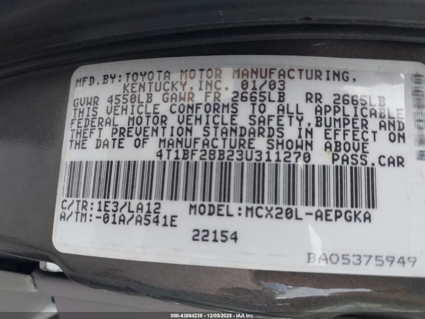 2003 Toyota Avalon Xls VIN: 4T1BF28B23U311270 Lot: 43864238