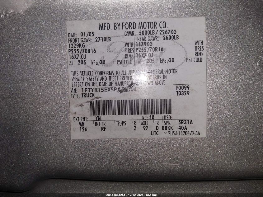 2005 Ford Ranger Edge/Xl/Xlt VIN: 1FTYR15EX5PA50504 Lot: 43864254