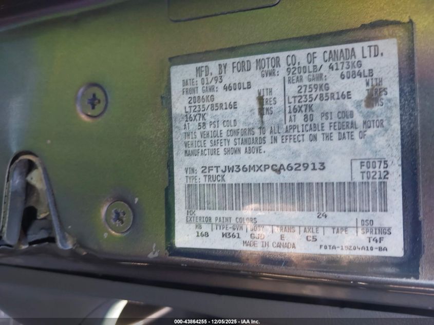 1993 Ford F350 VIN: 2FTJW36MXPCA62913 Lot: 43864255