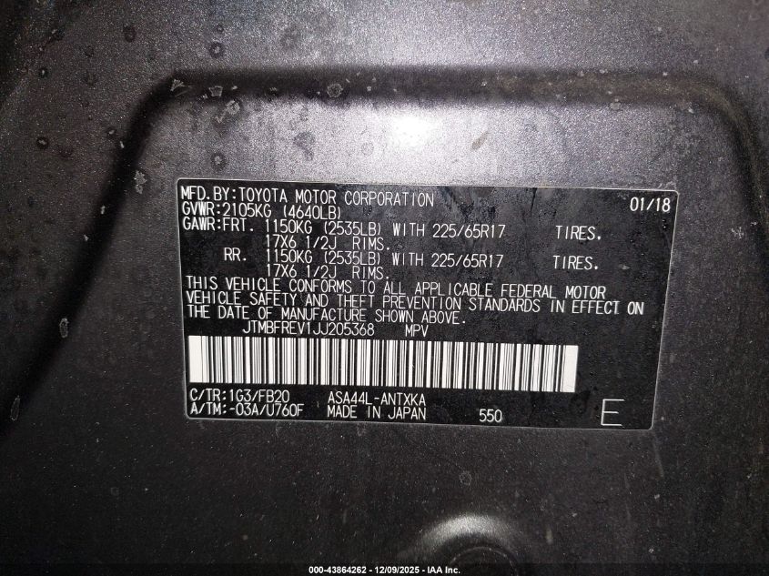 2018 Toyota Rav4 Le VIN: JTMBFREV1JJ205368 Lot: 43864262