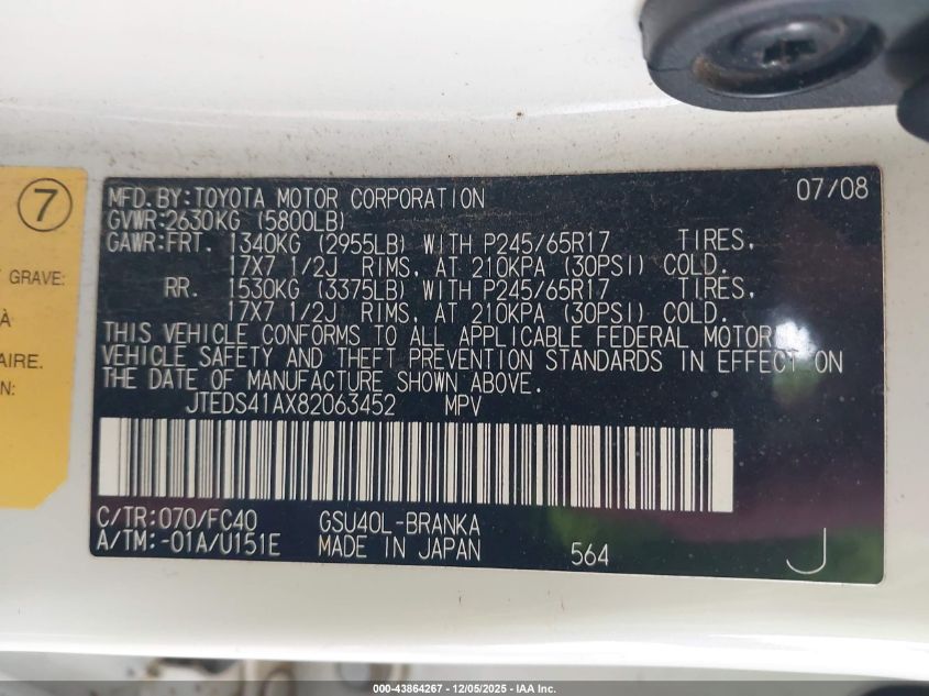 2008 Toyota Highlander VIN: JTEDS41AX82063452 Lot: 43864267