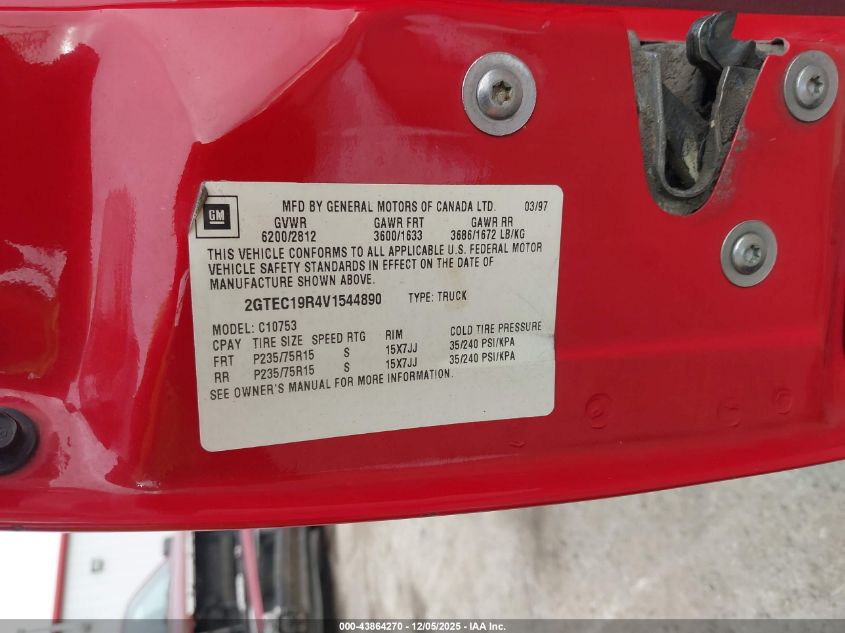 1997 GMC Sierra 1500 Sl Wideside VIN: 2GTEC19R4V1544890 Lot: 43864270