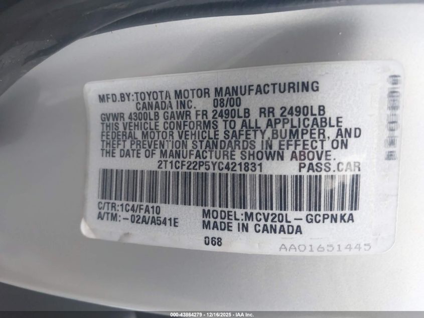 2000 Toyota Camry Solara Se V6 VIN: 2T1CF22P5YC421831 Lot: 43864279