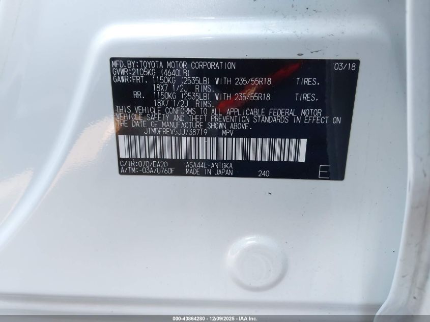 2018 Toyota Rav4 Limited VIN: JTMDFREV5JJ738719 Lot: 43864280