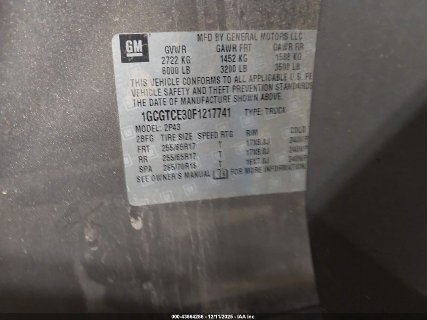 2015 Chevrolet Colorado Z71 VIN: 1GCGTCE30F1217741 Lot: 43864286