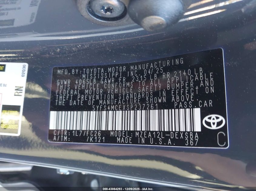 2025 Toyota Corolla Se VIN: 5YFS4MCEXSP237261 Lot: 43864293