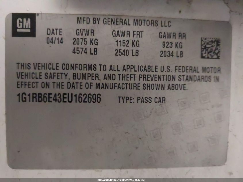 2014 Chevrolet Volt VIN: 1G1RB6E43EU162696 Lot: 43864296