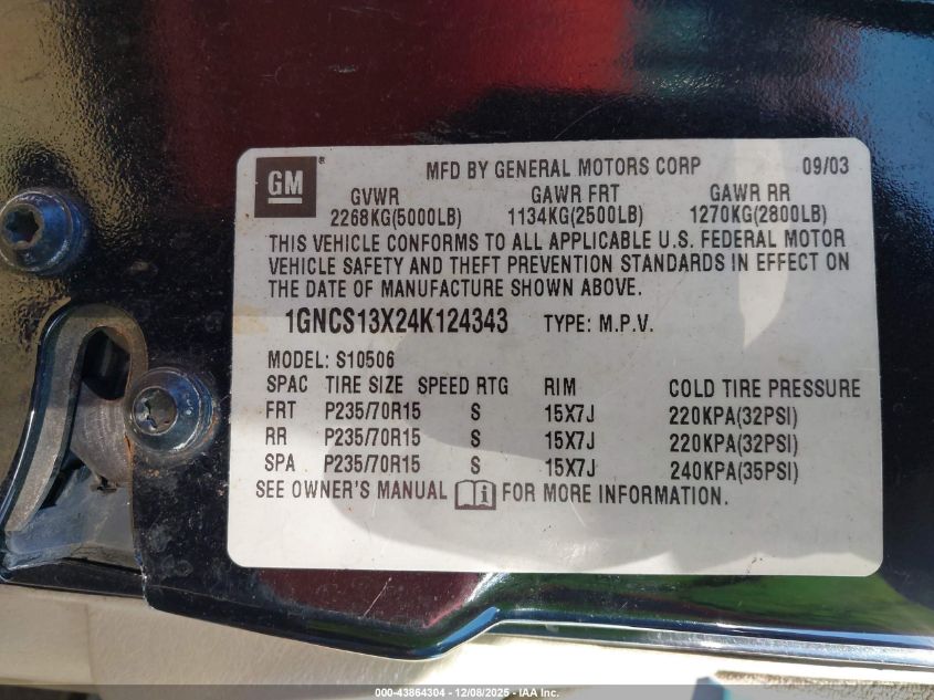 2004 Chevrolet Blazer Ls VIN: 1GNCS13X24K124343 Lot: 43864304