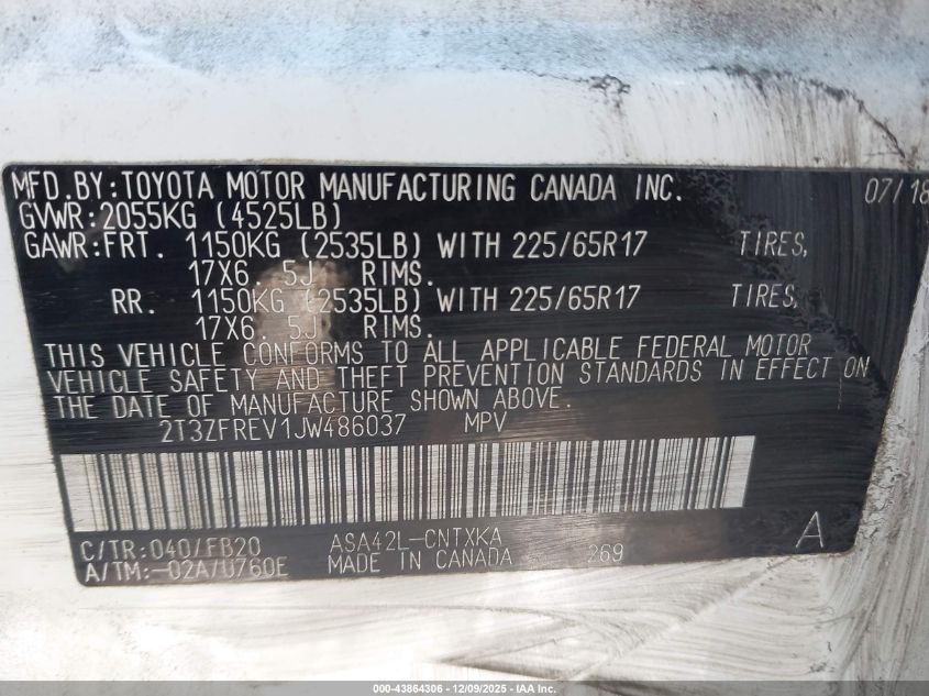 2018 Toyota Rav4 Le VIN: 2T3ZFREV1JW486037 Lot: 43864306