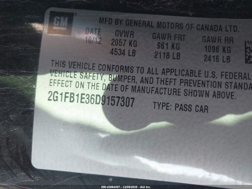 2013 Chevrolet Camaro 1Lt VIN: 2G1FB1E36D9157307 Lot: 43864307