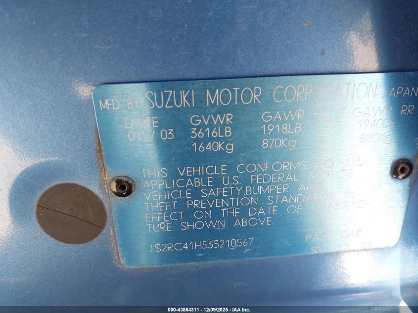 2003 Suzuki Aerio Sx VIN: JS2RC41H535210567 Lot: 43864311
