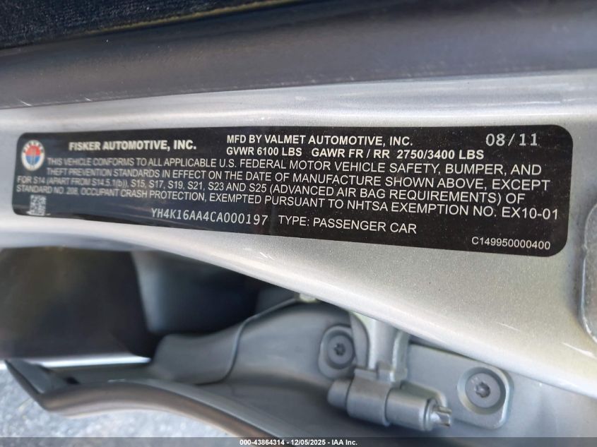 2012 Fisker Karma Ecochic VIN: YH4K16AA4CA000197 Lot: 43864314