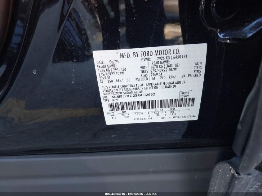 2025 Lincoln Aviator Reserve VIN: 5LM5J7XC2SGL02632 Lot: 43864316