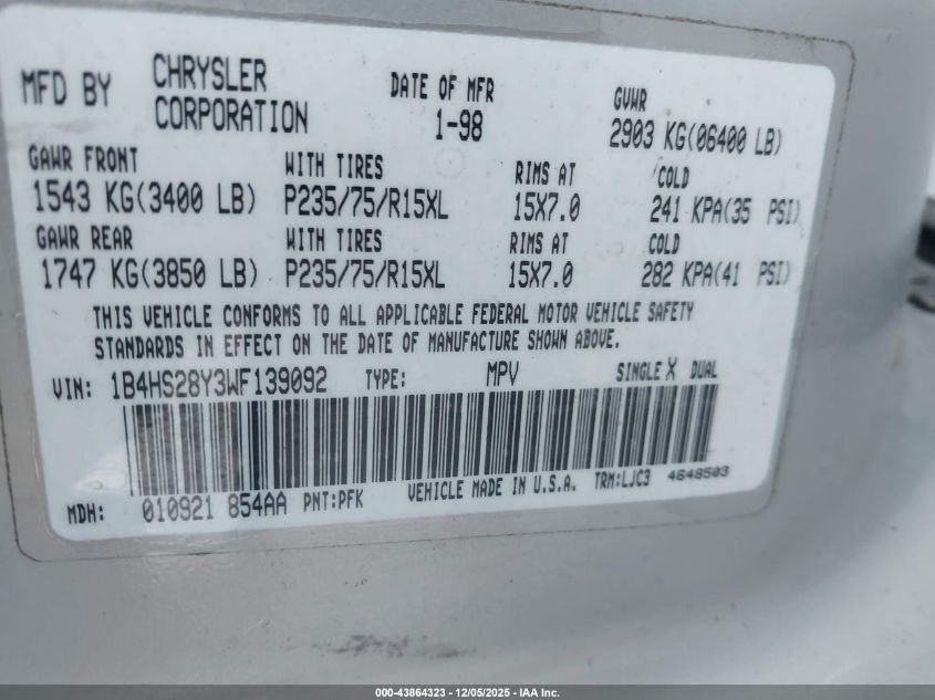 1998 Dodge Durango Slt VIN: 1B4HS28Y3WF139092 Lot: 43864323