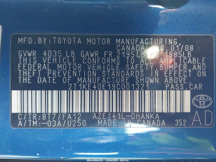 2009 Toyota Matrix S VIN: 2T1KE40E19C001321 Lot: 43864330