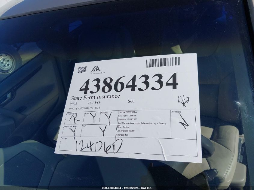 2002 Volvo S60 2.4T VIN: YV1RS58D122134135 Lot: 43864334