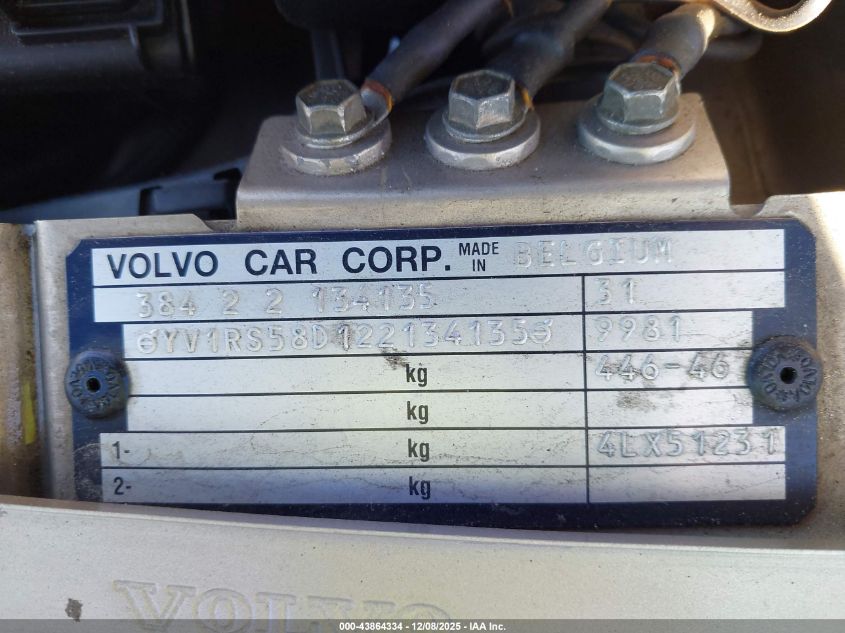 2002 Volvo S60 2.4T VIN: YV1RS58D122134135 Lot: 43864334