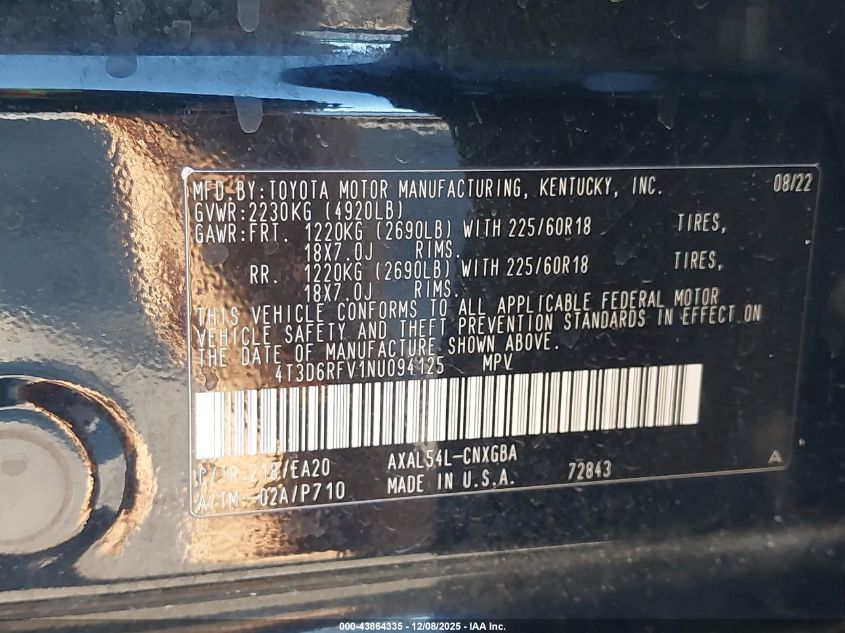 2022 Toyota Rav4 Hybrid Limited VIN: 4T3D6RFV1NU094125 Lot: 43864335