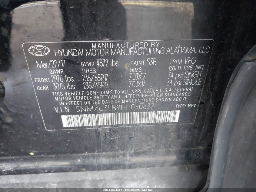 2017 Hyundai Santa Fe Sport 2.4L VIN: 5NMZU3LB9HH050837 Lot: 43864341