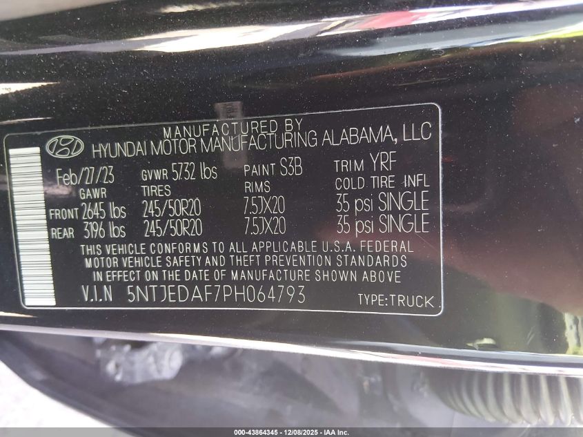 2023 Hyundai Santa Cruz Limited VIN: 5NTJEDAF7PH064793 Lot: 43864345