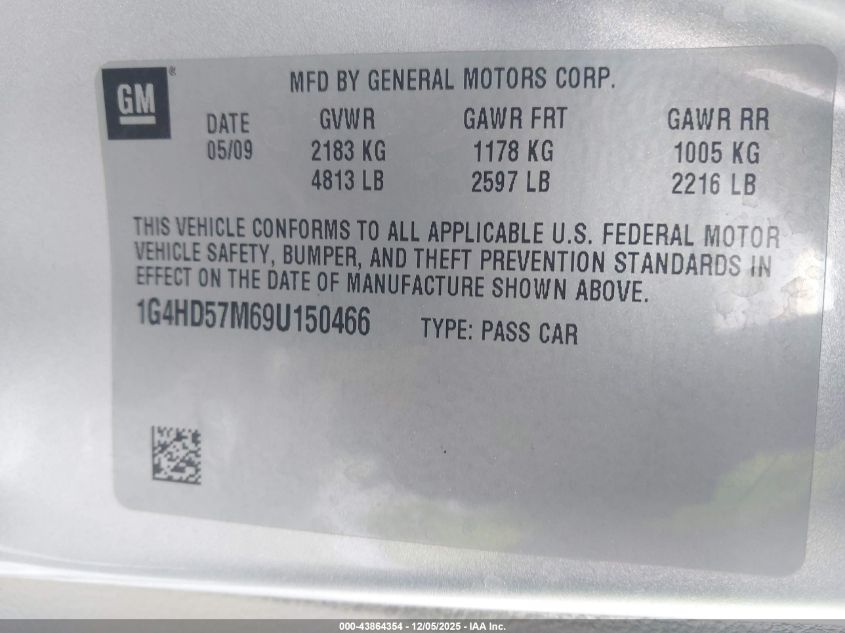 2009 Buick Lucerne Cxl-4 VIN: 1G4HD57M69U150466 Lot: 43864354