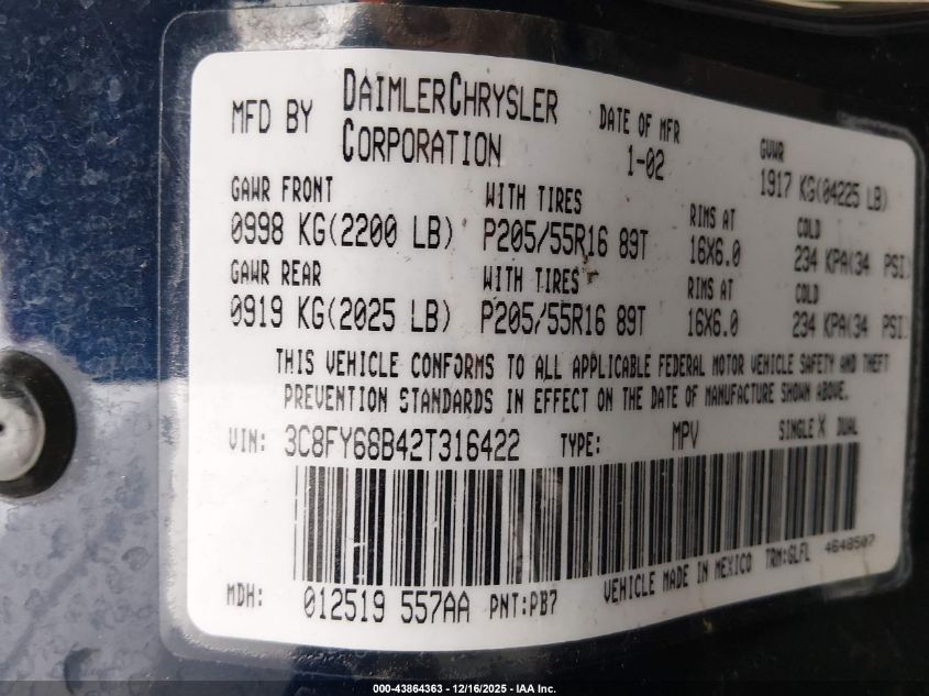 2002 Chrysler Pt Cruiser Limited VIN: 3C8FY68B42T316422 Lot: 43864363