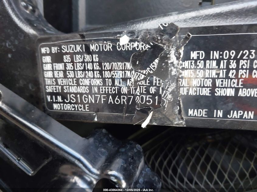 2024 Suzuki Gsx-R600 VIN: JS1GN7FA6R7100515 Lot: 43864364