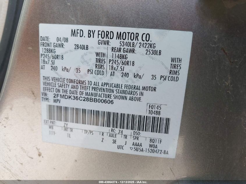 2008 Ford Edge Se VIN: 2FMDK36C28BB00606 Lot: 43864374