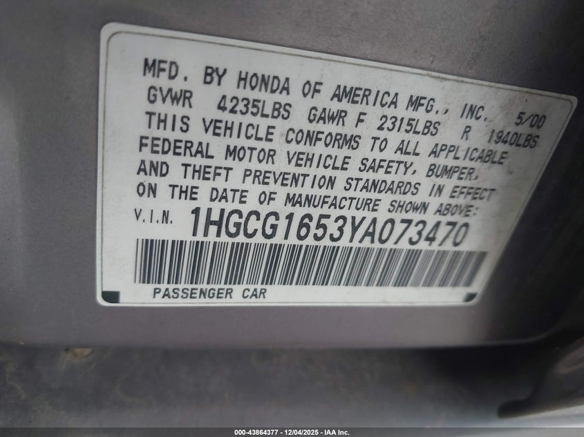 1HGCG1653YA073470 2000 HONDA ACCORD photo no. 9