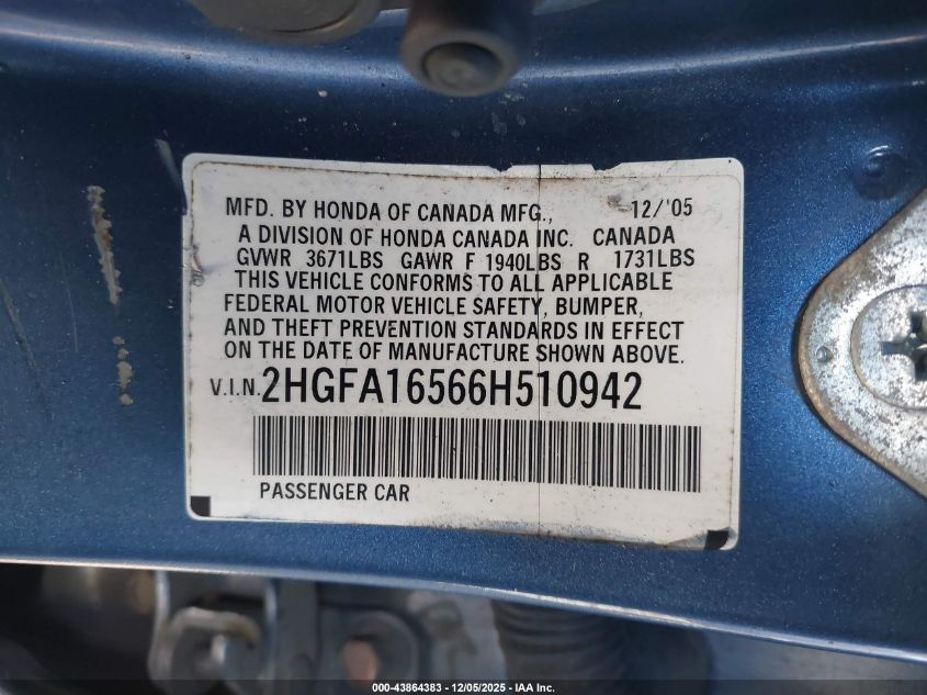 2006 Honda Civic Lx VIN: 2HGFA16566H510942 Lot: 43864383