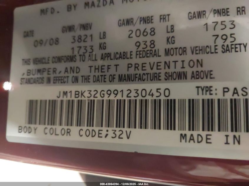 2009 Mazda Mazda3 I VIN: JM1BK32G991230450 Lot: 43864394