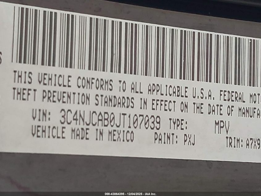 2018 Jeep Compass Sport Fwd VIN: 3C4NJCAB0JT107039 Lot: 43864395