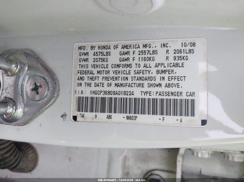 2009 Honda Accord 3.5 Ex-L VIN: 1HGCP36809A018224 Lot: 43864401