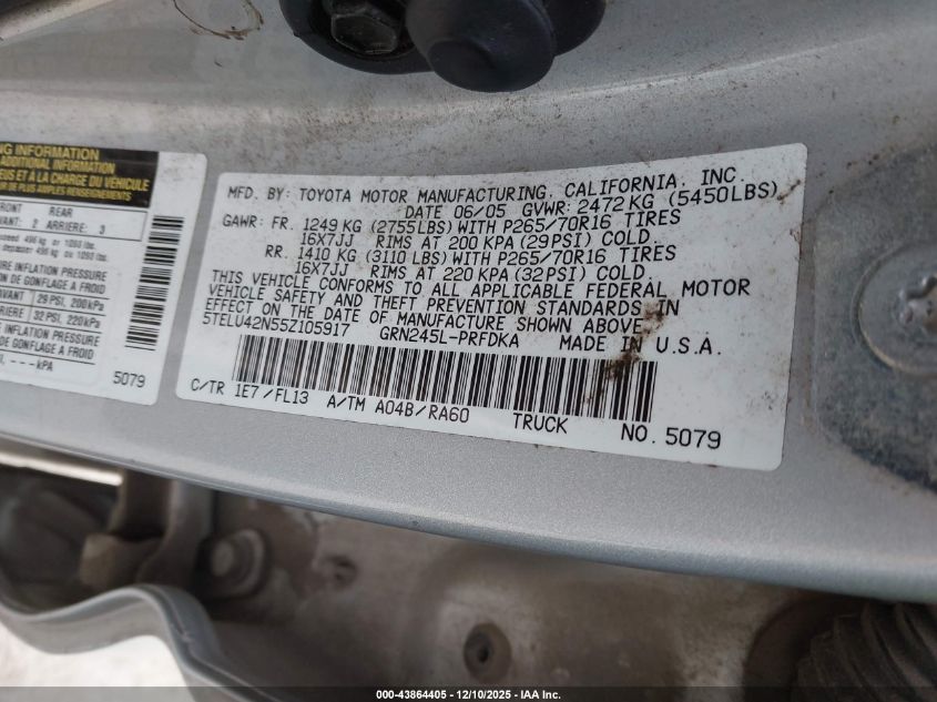 2005 Toyota Tacoma Base V6 VIN: 5TELU42N55Z105917 Lot: 43864405