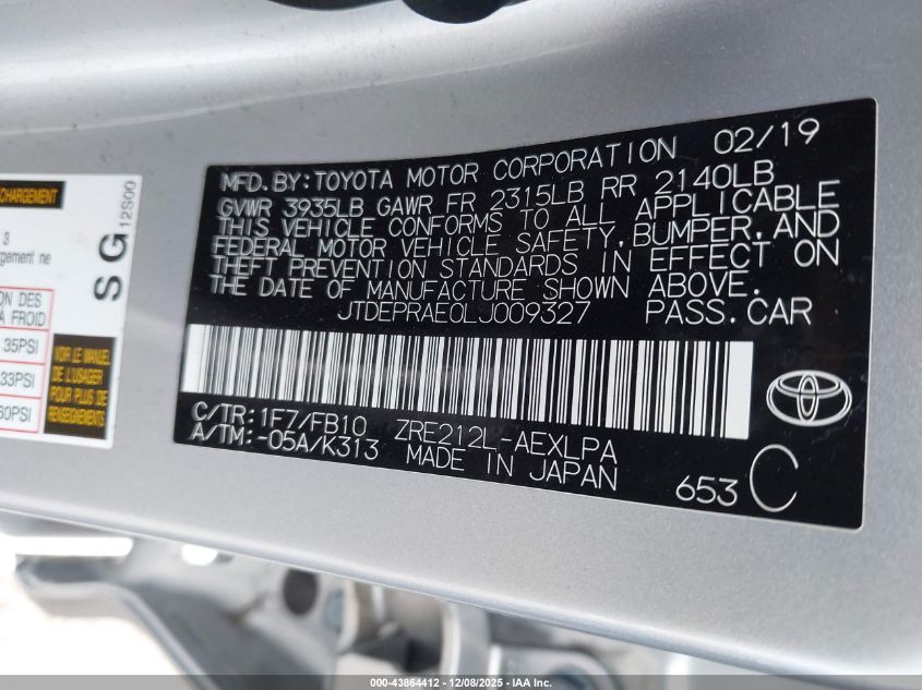 2020 Toyota Corolla Le VIN: JTDEPRAE0LJ009327 Lot: 43864412