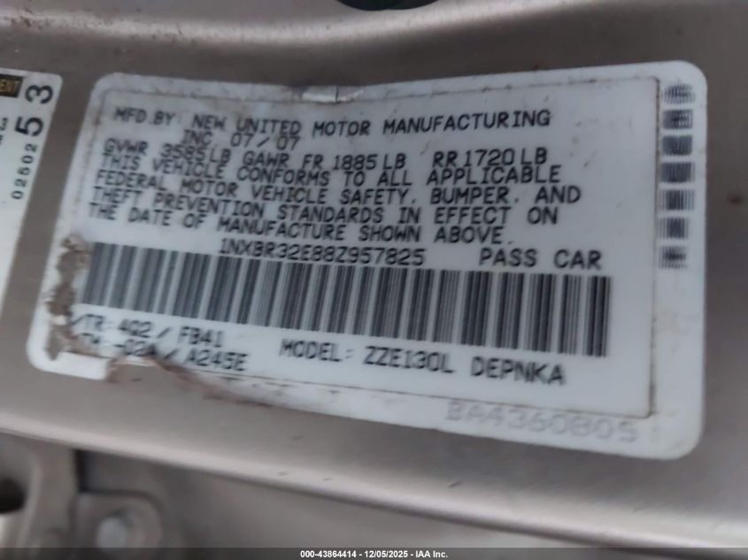 2008 Toyota Corolla Le VIN: 1NXBR32E88Z957825 Lot: 43864414