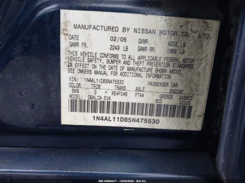 2005 Nissan Altima 2.5 S VIN: 1N4AL11D85N475530 Lot: 43864417