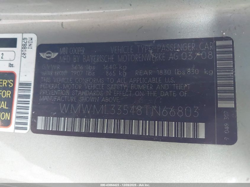 2008 Mini Cooper Clubman VIN: WMWML33548TN66803 Lot: 43864423