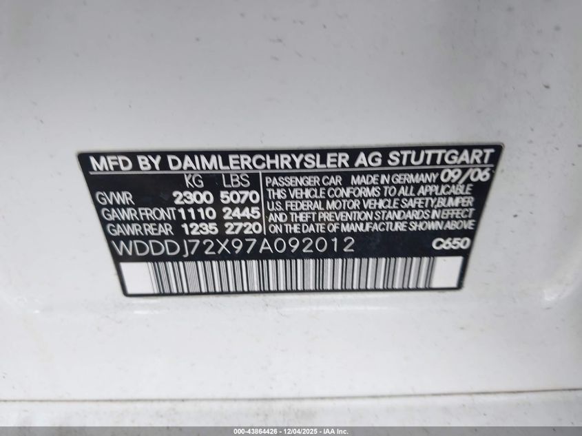 2007 Mercedes-Benz Cls 550 VIN: WDDDJ72X97A092012 Lot: 43864426