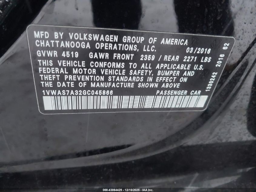 2016 Volkswagen Passat 1.8T R-Line VIN: 1VWAS7A32GC045866 Lot: 43864429