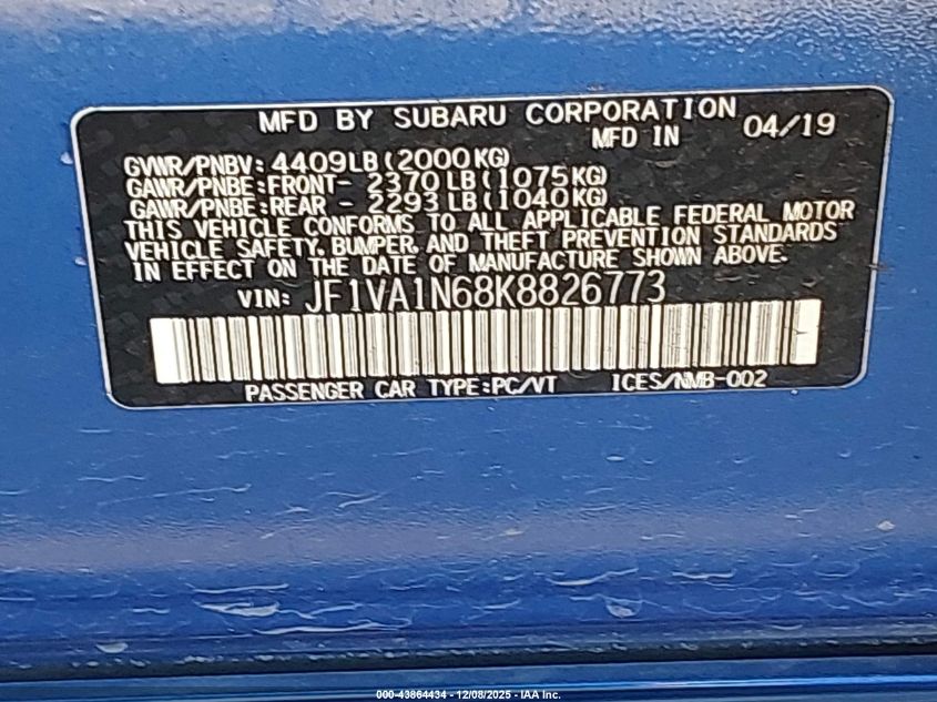 2019 Subaru Wrx Limited VIN: JF1VA1N68K8826773 Lot: 43864434